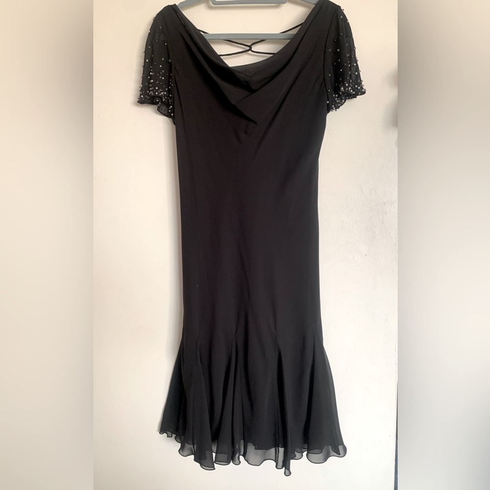 NWT elegant little black dress with pearl beaded sleeves